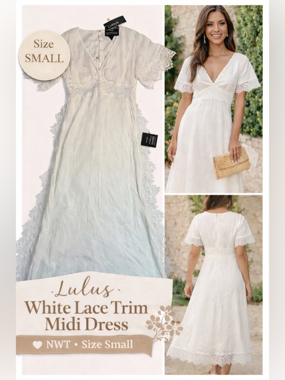 Lulus Maxi Dress White V-Neck Short Flared Sleeve Lace Solid S